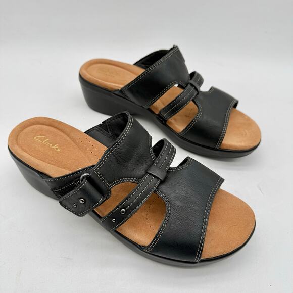 Clarks Tuleah Jane Black Leather Heeled Slide Sandals Women’s 10 Comfort Casual - Picture 4 of 8